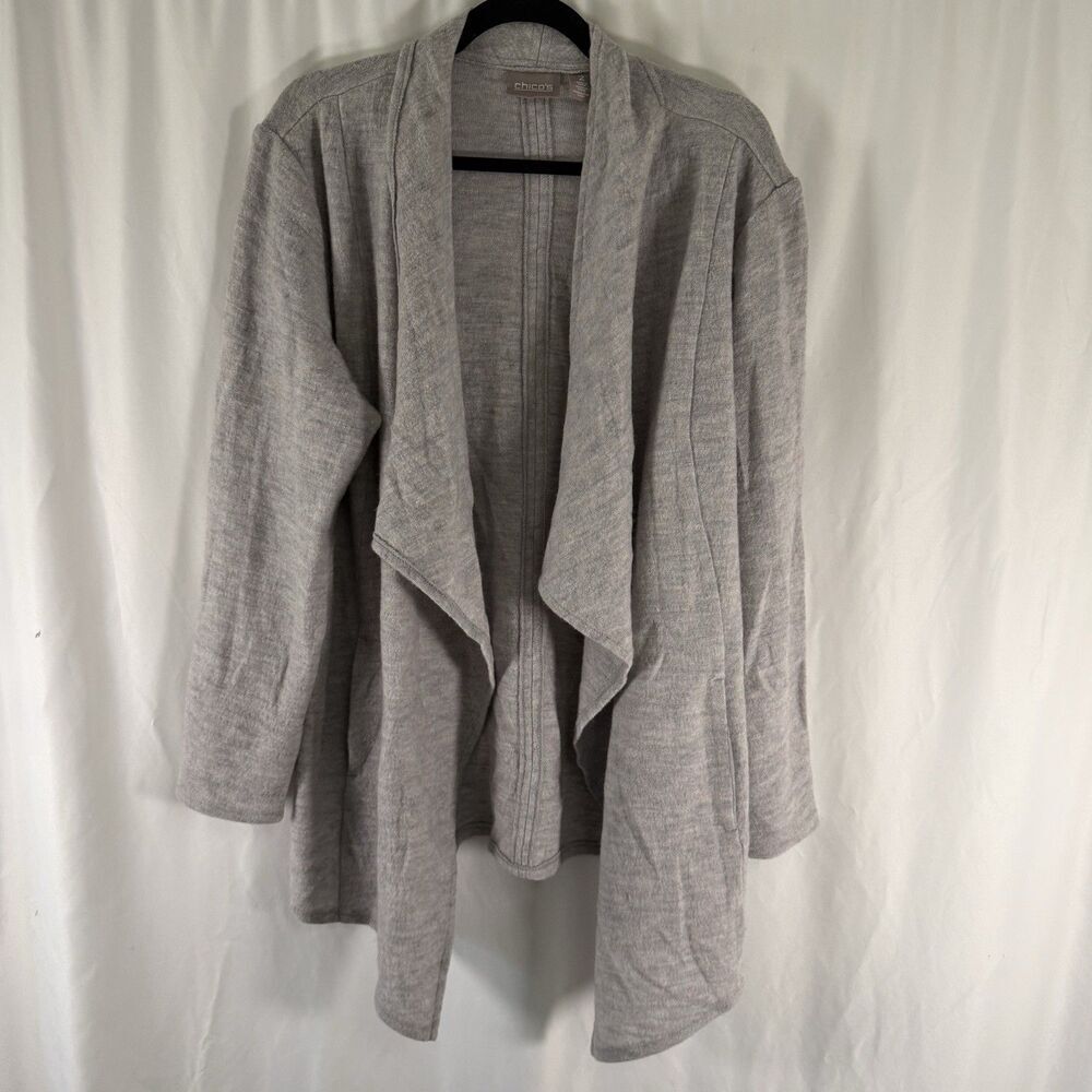Chico's 100% Wool Cardigan Women's 2 Large Grey Open Front Pockets Long Sleeve